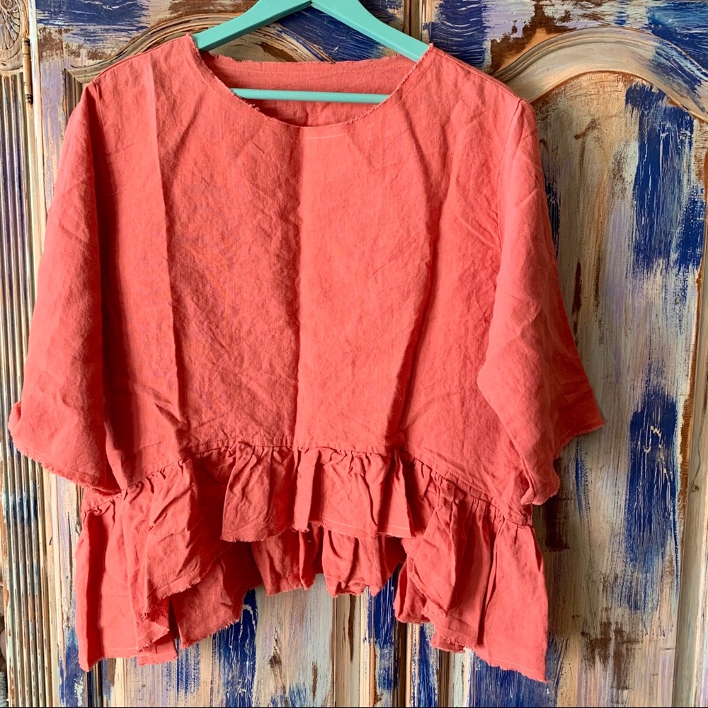 LenokLINEN Loose Ruffle Linen Blouse Coral S